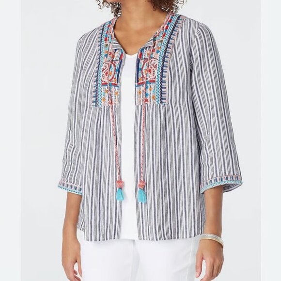 J. JILL Love Linen Striped Embroidered Lightweight Jacket Cardigan L - Picture 1 of 8